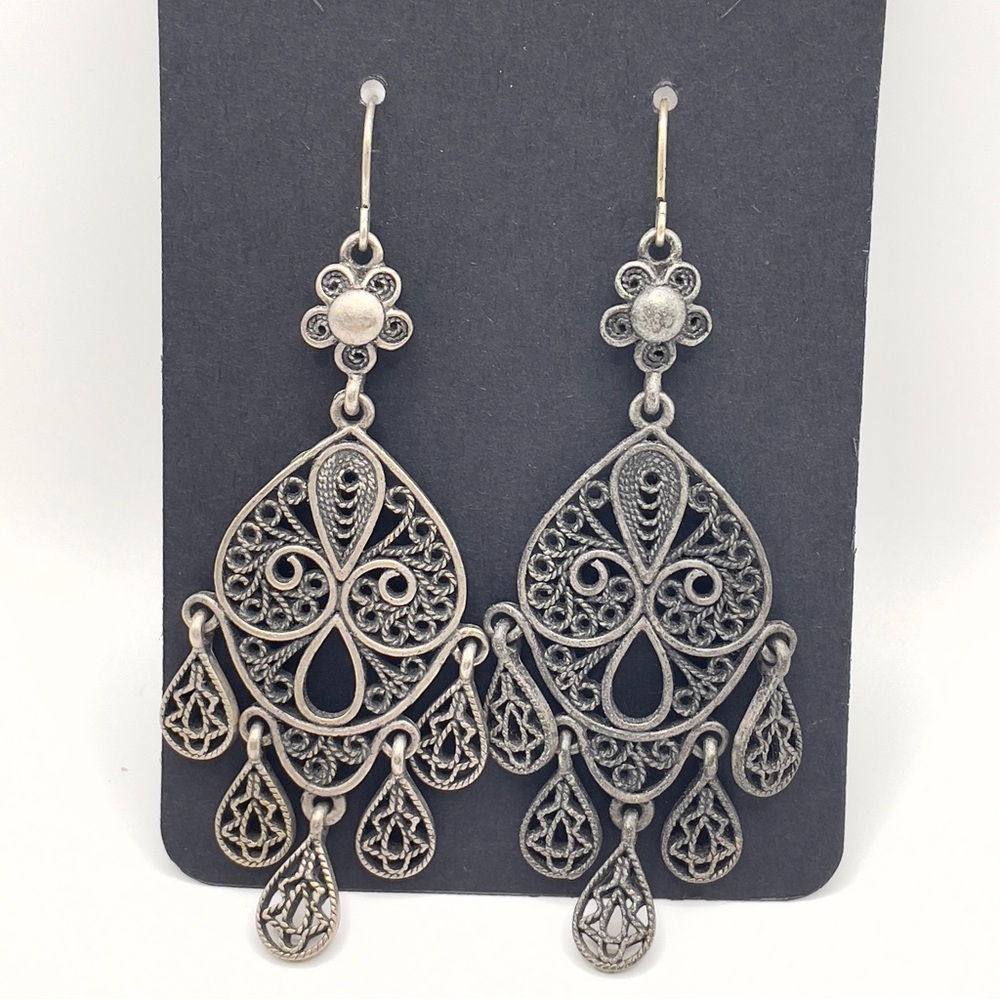Vintage Silver Filigree Chandelier Earrings • Quality Boho Statement Dangles  ✨ - Picture 4 of 8